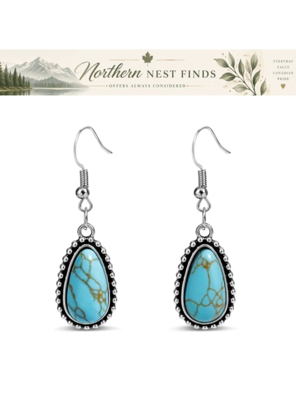 Teardrop Turquoise Drop Dangle Earrings Silver Alloy Boho Western Gift